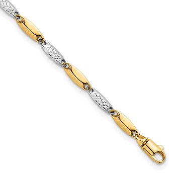 14k Two-tone Polished and Textured Fancy Marquise-shaped Link 7.5 inch Bracelet