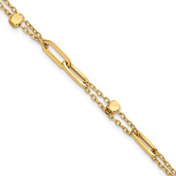 14K Polished and Beaded 2-Strand with Fancy Paperclip Link 7.5 Inch Bracelet