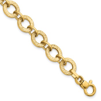 14K Polished and Textured 12mm Fancy Round Link 7 inch Bracelet