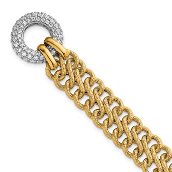 14k with White Rhodium 12.25mm Textured Fancy Chain with CZ Toggle 7.5 inch Bracelet