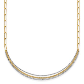 14k Two-Tone Textured Woven Curved Bar with Long Link 17 inch Necklace Plus 2 inch Extender