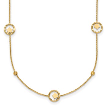 14k Polished Stars in Circle with Diamond-cut Beads 7-Station 16.75 inch Necklace