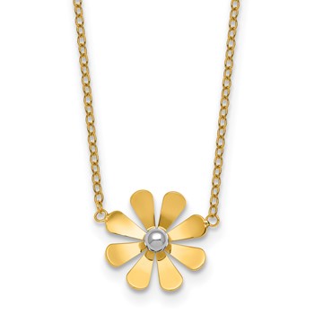 14k Polished Daisy with White Rhodium Center 16 inch Necklace with 2 inch Extender