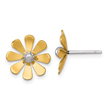 14k Polished Daisy with White Rhodium Center Post Earrings