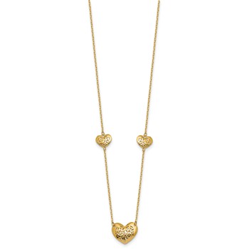 14K Polished Filigree Puffed Heart 3-Station 16 inch Necklace Plus 2 inch Extender — alternate view