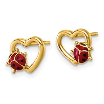 14K Polished Red and Black Enameled Ladybug on Heart Post Earrings — alternate view