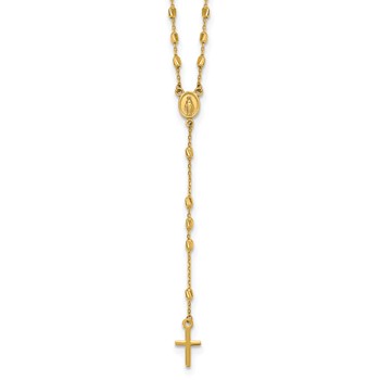14k Polished Cross and Miraculous Medal Diamond-cut Beaded 16.75 inch Rosary Necklace with 2 inch Extender