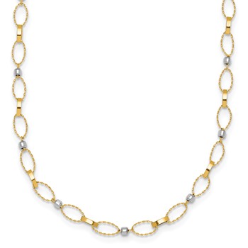 14k Two-tone Polished and Twisted Fancy Oval Links and Faceted Beads 18 inch Necklace