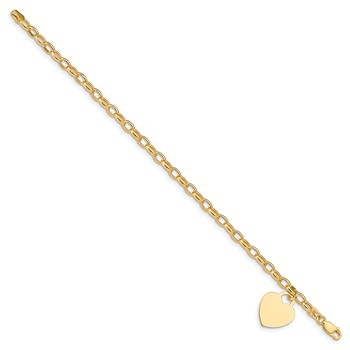 14k Engravable 19x15mm Solid Dangle Heart Charm and Hollow Chain 7.5 inch Bracelet — alternate view