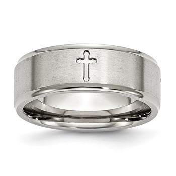 Chisel Stainless Steel Brushed and Polished Cross 8mm Ridged Edge Band