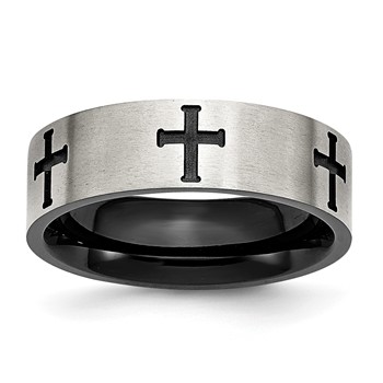 Chisel Stainless Steel Brushed and Polished Black IP-plated Crosses 7mm Band