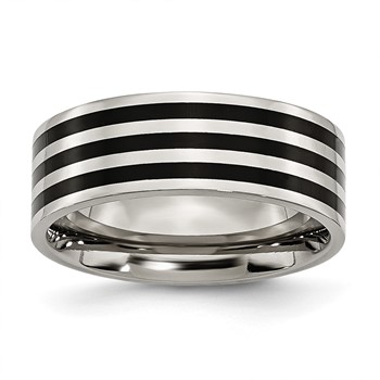 Stainless Steel 8mm Black IP-plated Striped Polished Band