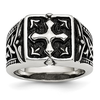 Chisel Stainless Steel Antiqued Polished and Textured Cross Ring