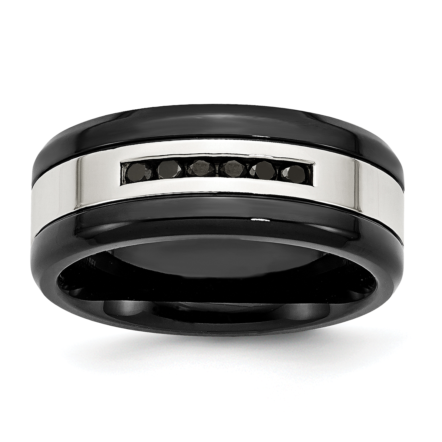 Personalized Inside Engraving Ceramic Wedding Band Ring 8mm Seven CZ Stone Stainless Steel Black Ring