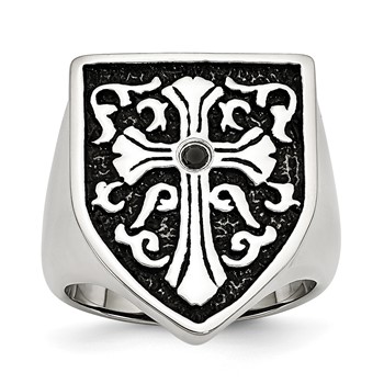 Chisel Stainless Steel Antiqued and Polished 1/20 Carat Black Diamond Shield Ring