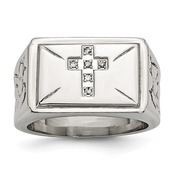 Chisel Stainless Steel Polished and Textured 1/15 Carat Diamond Cross 13.25mm Band