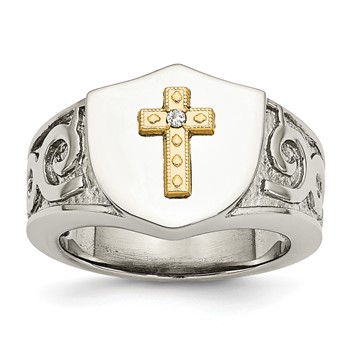 Chisel Stainless Steel Polished with 10K Gold Cross and .02 Carat Diamond Ring