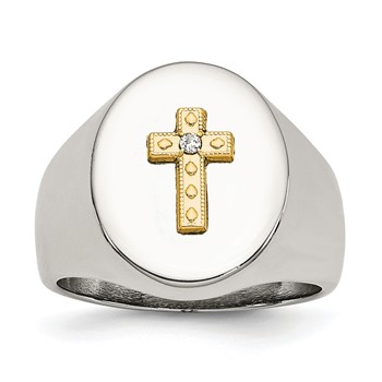 Chisel Stainless Steel Polished with 10K Gold Cross and .02 Carat Diamond Ring