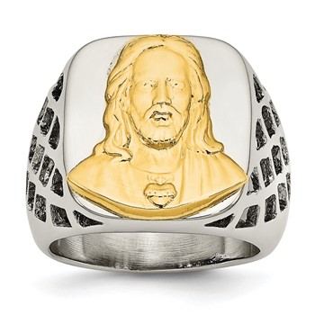 Chisel Stainless Steel with Sterling Silver Jesus Yellow IP-plated Polished Ring