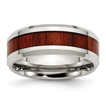 Chisel Stainless Steel Polished with Red Koa Wood Inlay Enameled 8mm Band