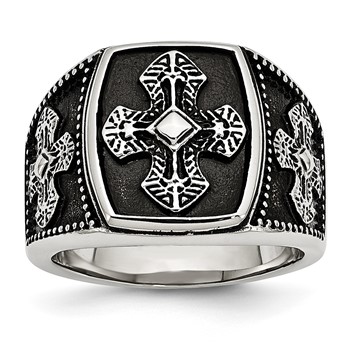 Chisel Stainless Steel Antiqued Polished and Textured Cross Ring