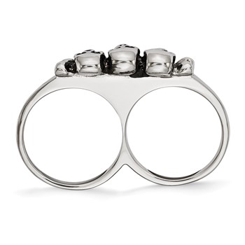 Stainless Steel Polished & Antiqued Two Finger Skulls Ring — alternate view