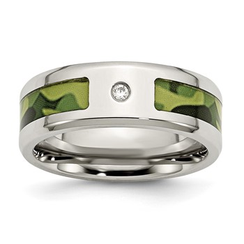 Chisel Stainless Steel Polished with CZ Printed Green Camo Under Rubber 8mm Band