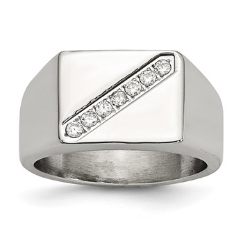Stainless Steel Polished w/CZ Signet Ring