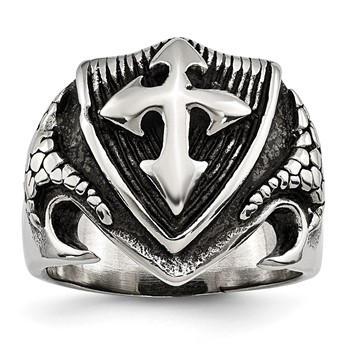 Chisel Stainless Steel Antiqued Polished and Textured Shield Ring