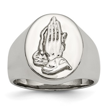 Chisel Stainless Steel Polished with Sterling Silver Praying Hands Ring