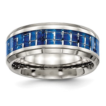 Chisel Stainless Steel Polished with Blue Carbon Fiber Inlay 8mm Beveled Edge Band