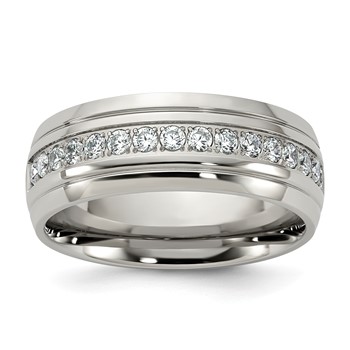 Chisel Stainless Steel Polished and Grooved with CZ 8mm Half Round Band