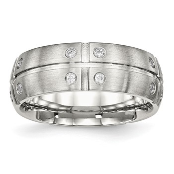 Stainless Steel Brushed and Grooved w/CZ 8mm Half Round Band