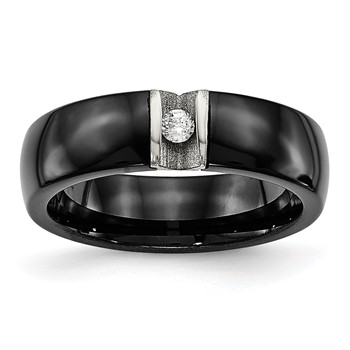 Chisel Stainless Steel Polished and Laser Cut Black Ceramic with CZ Ring