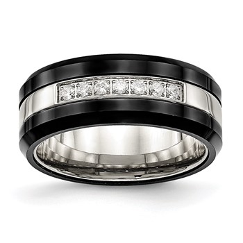 Chisel Stainless Steel Polished Black Ceramic with CZ Beveled Edge Ring