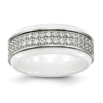 Chisel Stainless Steel Polished White Ceramic CZ Ridged Edge Ring