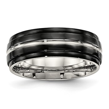Stainless Steel Polished Black IP-plated 8mm Ridged Edged Band