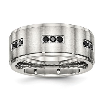 Stainless Steel Polished w/Brushed Center Black CZ 9mm Ridged Edge Band