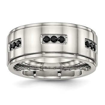 Stainless Steel Polished w/Black CZ 9mm Ridged Edge Band