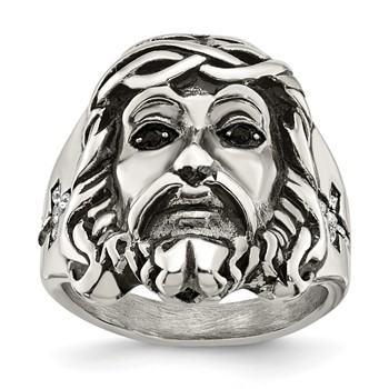Chisel Stainless Steel Antiqued and Polished with Black and White Crystal Jesus Ring