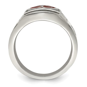 Chisel Stainless Steel Antiqued and Polished with Red Enamel Cross and Shield Ring — alternate view