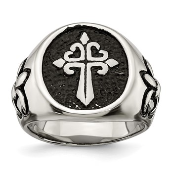 Chisel Stainless Steel Antiqued and Polished Fleur de Lis Cross Ring