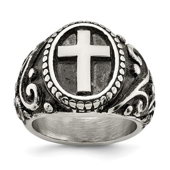 chisel Stainless Steel Antiqued and Polished Cross Ring