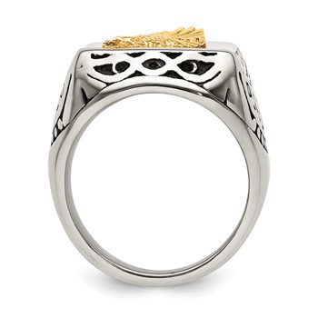 Chisel Stainless Steel with 14k Gold Accent Antiqued and Polished Eagle Ring — alternate view