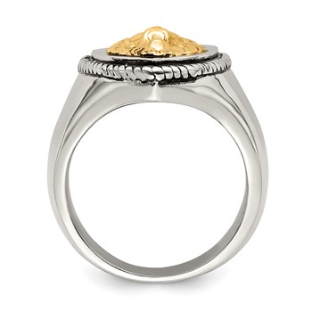 Chisel Stainless Steel with 14k Gold Accent Antiqued and Polished Lion on Shield Ring — alternate view