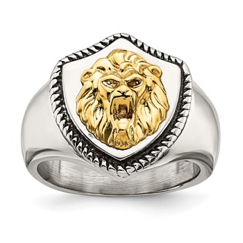 Chisel Stainless Steel with 14k Gold Accent Antiqued and Polished Lion on Shield Ring