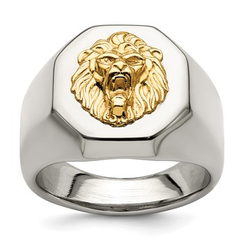 Chisel Stainless Steel with 14k Gold Accent Polished Lion Head Ring