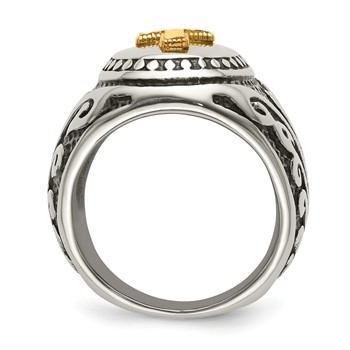 Chisel Stainless Steel with 14k Gold Accent Antiqued and Polished Cross Ring — alternate view