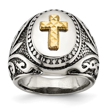 Chisel Stainless Steel with 14k Gold Accent Antiqued and Polished Cross Ring