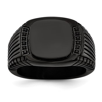 Chisel Stainless Steel Polished Black IP-plated with Black CZ Signet Ring